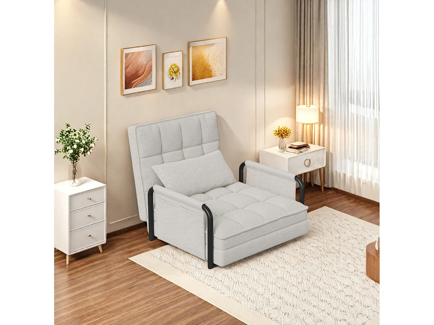 Sofá-cama ajustável em 5 posições em tecido branco, sofá-cama conversível com compartimentos de armazenamento laterais