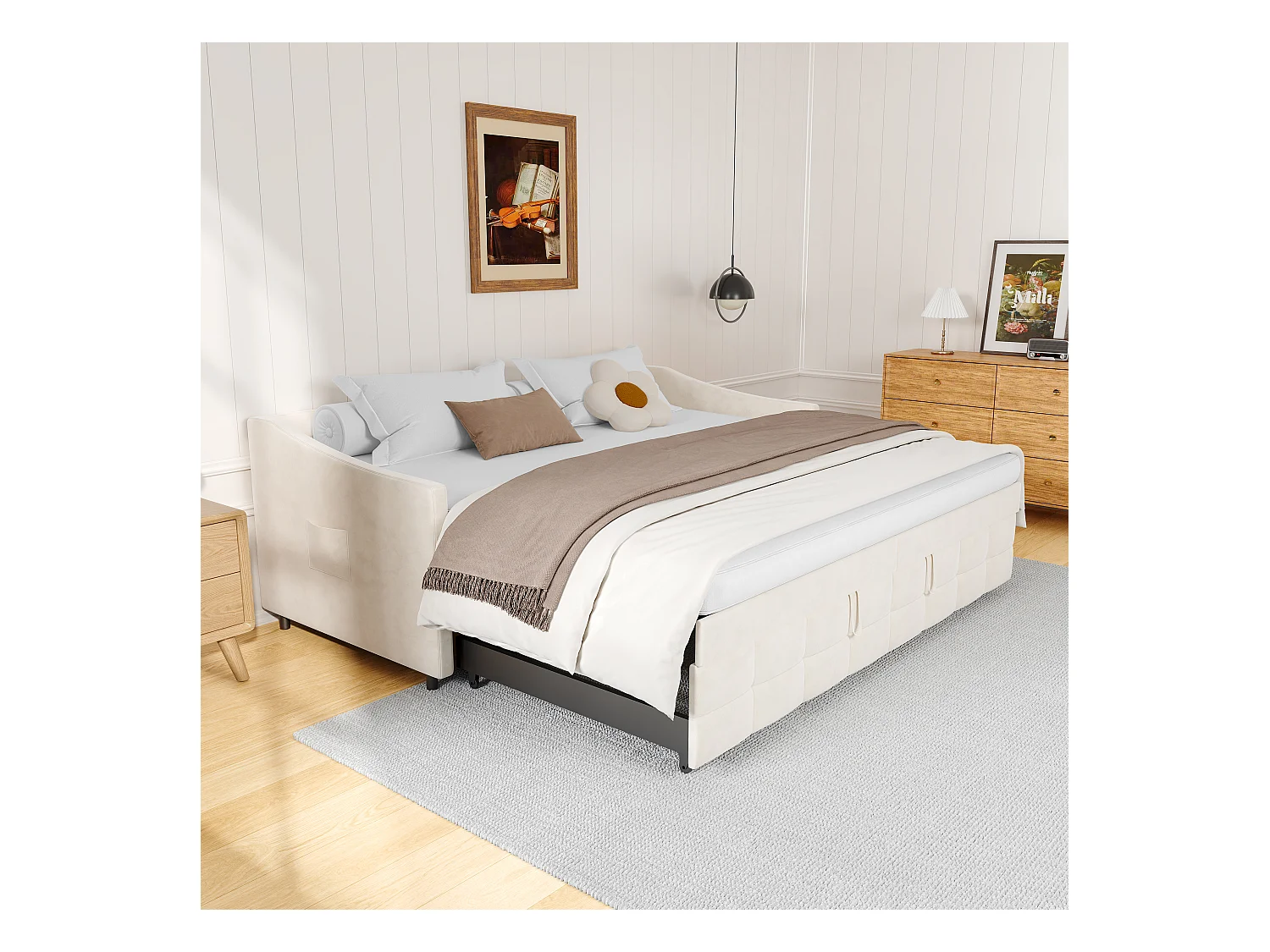 Sofá-cama 90x200 cm em veludo branco, extensível até 180x200 cm com elevadores hidráulicos, bolsos laterais e design moderno