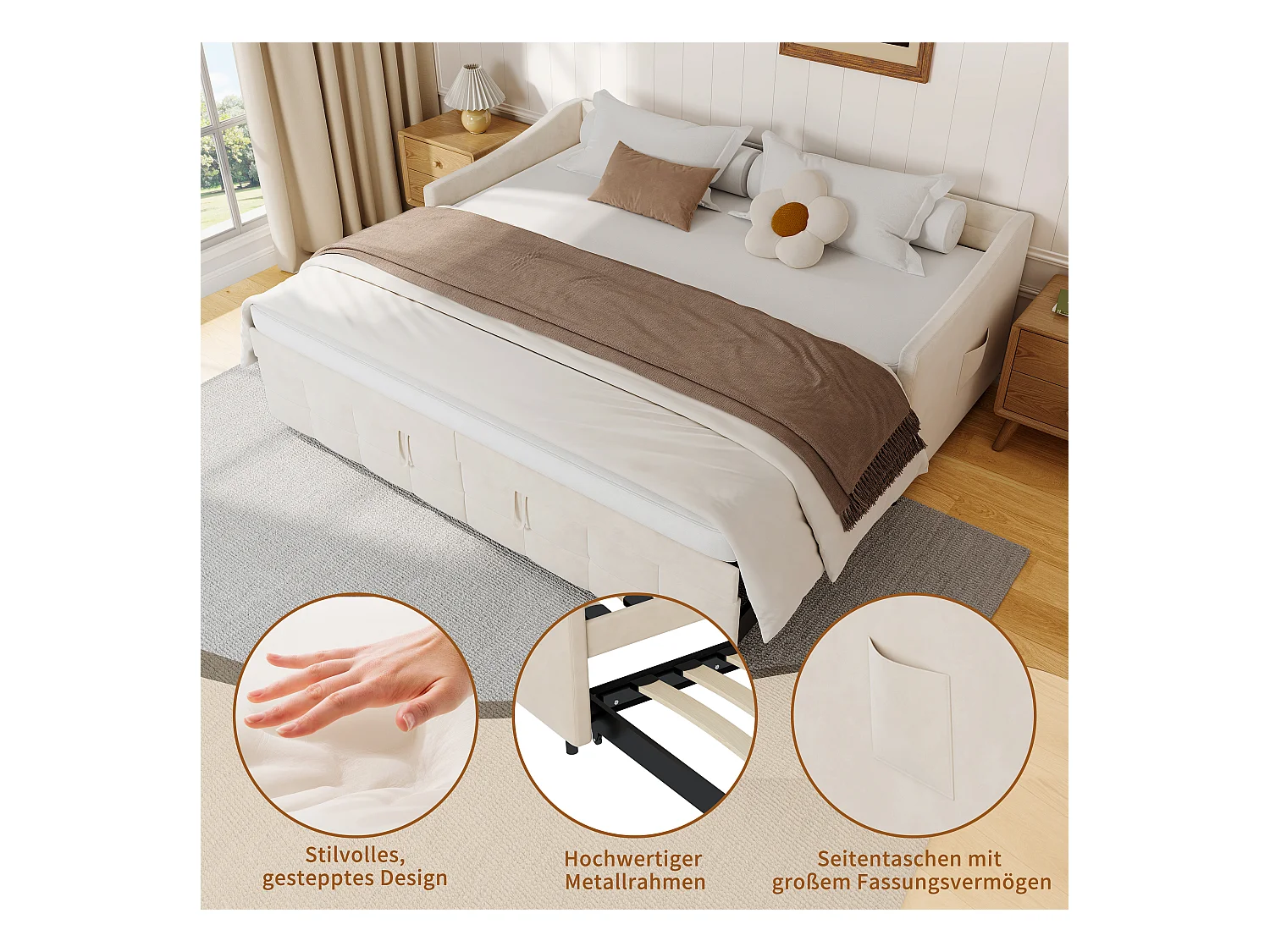 Sofá-cama 90x200 cm em veludo branco, extensível até 180x200 cm com elevadores hidráulicos, bolsos laterais e design moderno