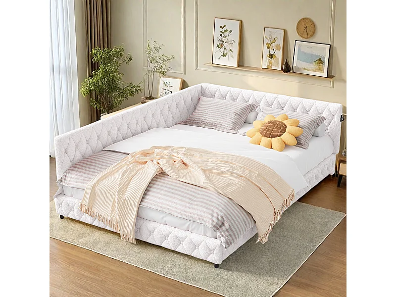 Cama de 140x200 cm en tela de felpa beige con iluminación LED perimetral y puertos USB integrados, diseño moderno y acogedor