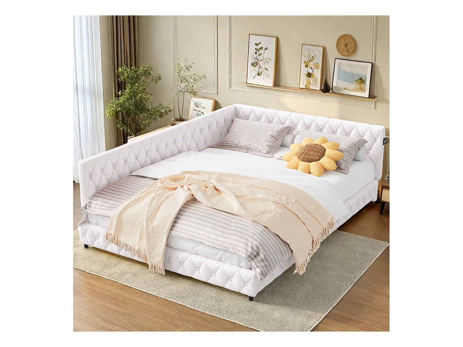 Cama de 140x200 cm en tela de felpa beige con iluminación LED perimetral y puertos USB integrados, diseño moderno y acogedor