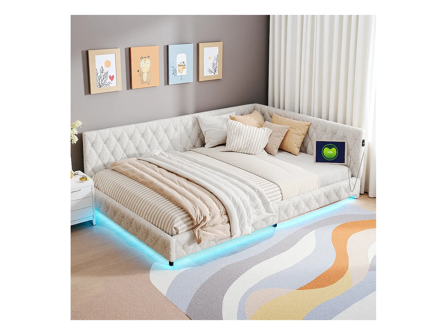 Cama de 140x200 cm en tela de felpa beige con iluminación LED perimetral y puertos USB integrados, diseño moderno y acogedor