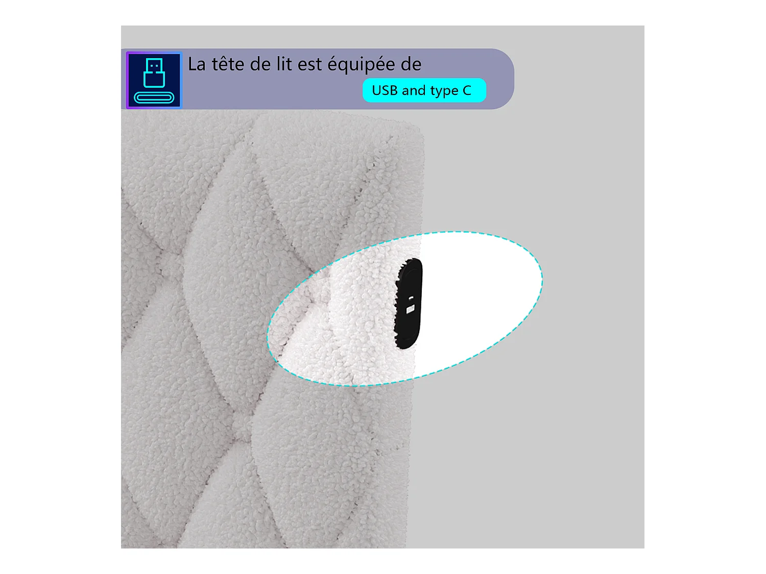 Cama de 140x200 cm en tela de felpa beige con iluminación LED perimetral y puertos USB integrados, diseño moderno y acogedor