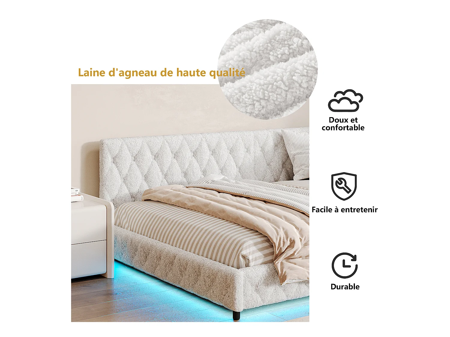 Cama de 140x200 cm en tela de felpa beige con iluminación LED perimetral y puertos USB integrados, diseño moderno y acogedor