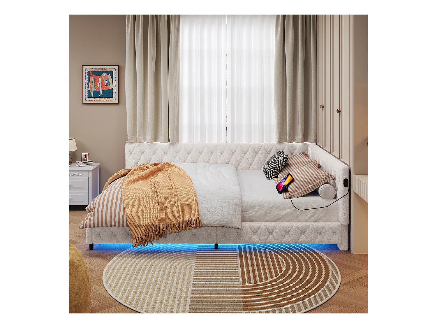 Cama de 140x200 cm en tela de felpa beige con iluminación LED perimetral y puertos USB integrados, diseño moderno y acogedor