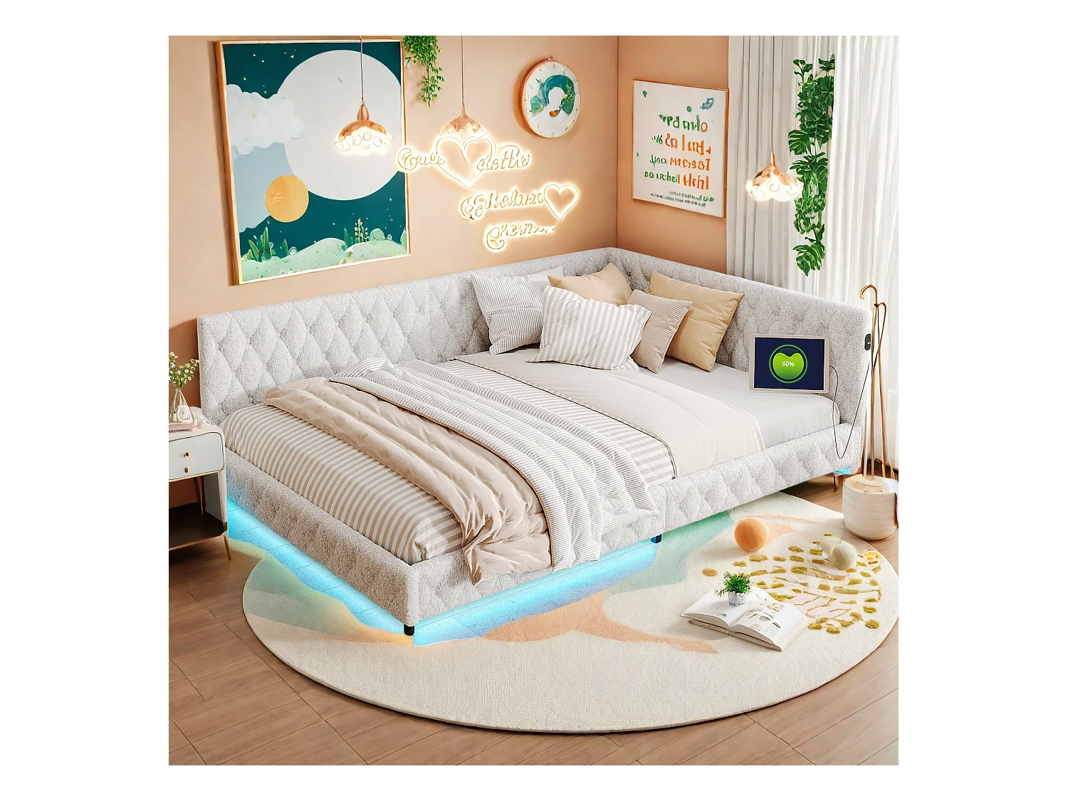 Cama de 140x200 cm en tela de felpa beige con iluminación LED perimetral y puertos USB integrados, diseño moderno y acogedor