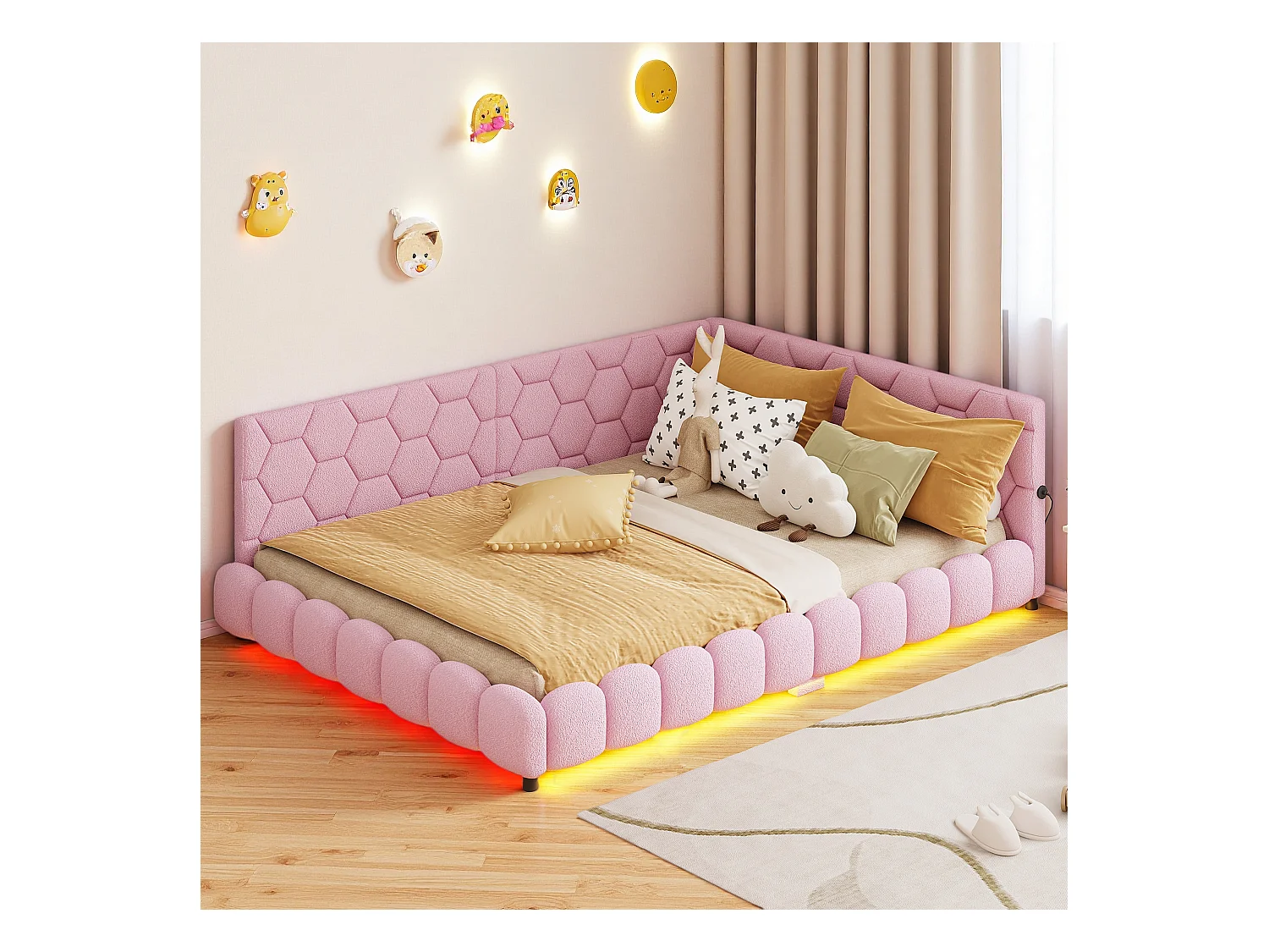 Sofá cama de 140x200 cm, iluminación ambiental de 16 colores, puerto USB, rosa