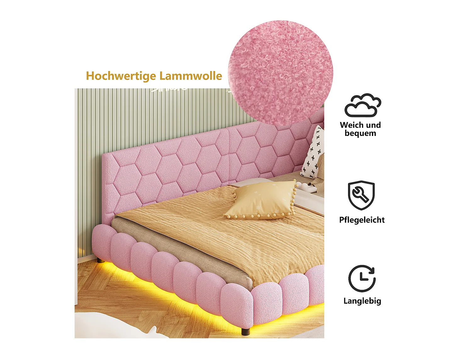 Sofá cama de 140x200 cm, iluminación ambiental de 16 colores, puerto USB, rosa