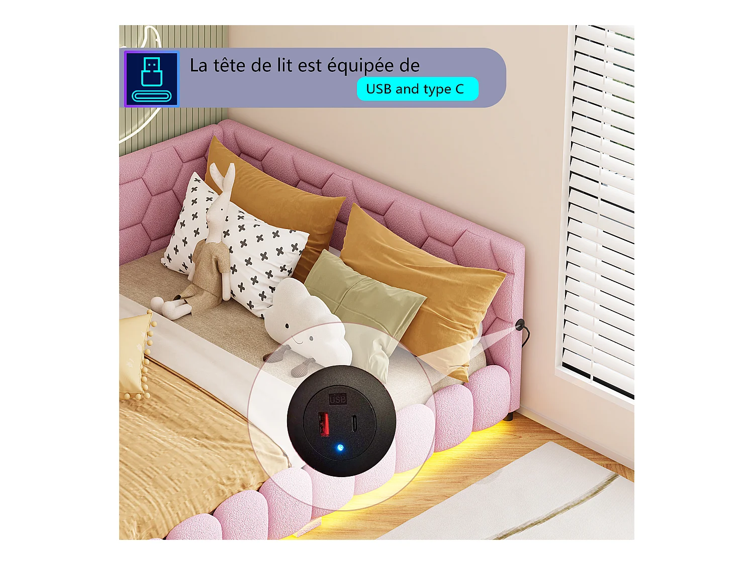 Sofá cama de 140x200 cm, iluminación ambiental de 16 colores, puerto USB, rosa