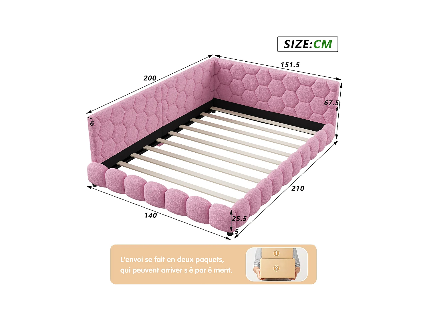 Sofá cama de 140x200 cm, iluminación ambiental de 16 colores, puerto USB, rosa