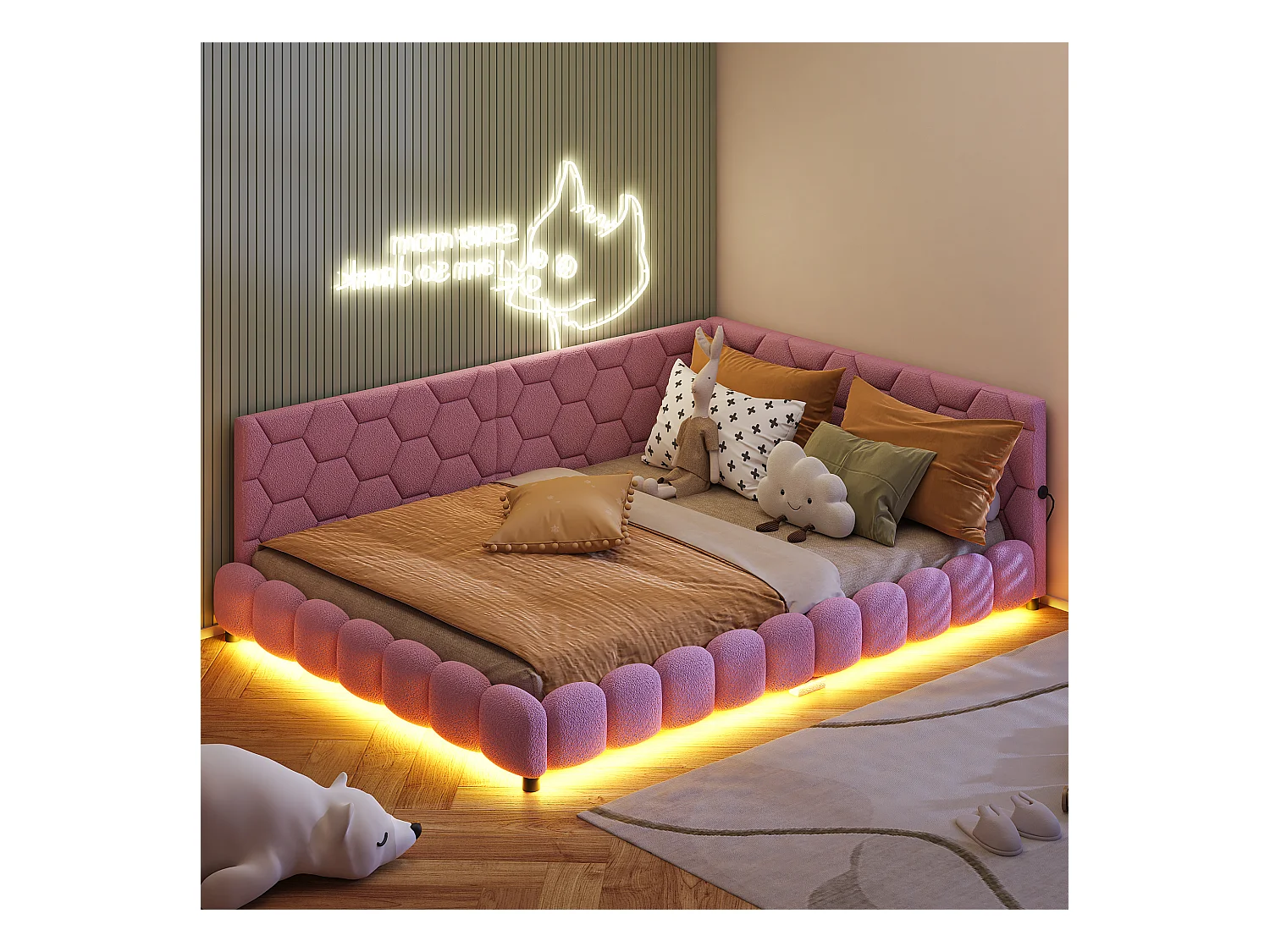 Sofá cama de 140x200 cm, iluminación ambiental de 16 colores, puerto USB, rosa