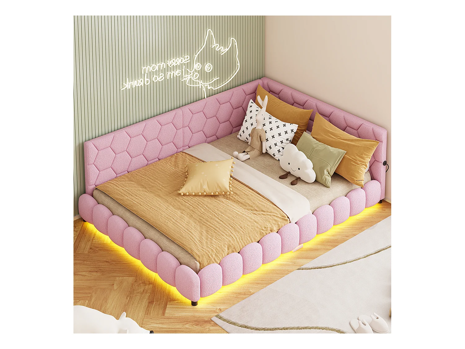 Sofá cama de 140x200 cm, iluminación ambiental de 16 colores, puerto USB, rosa