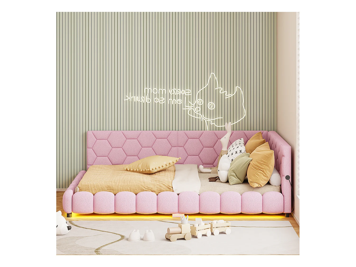 Sofá cama de 140x200 cm, iluminación ambiental de 16 colores, puerto USB, rosa