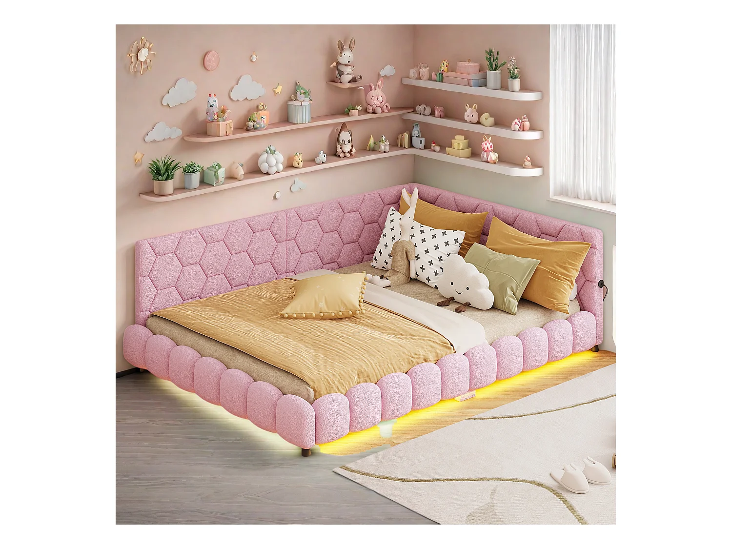 Sofá cama de 140x200 cm, iluminación ambiental de 16 colores, puerto USB, rosa