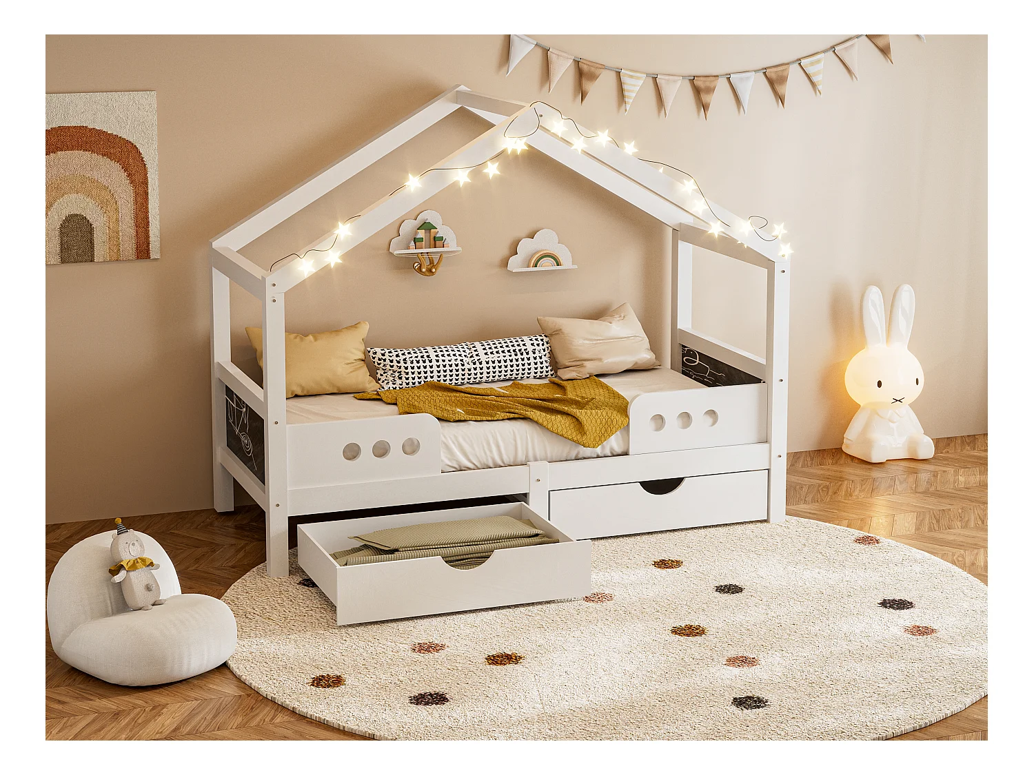 Lit cabane enfant 90x200 cm blanc - avec toit, 2 tiroirs de rangement - tableau de dessin