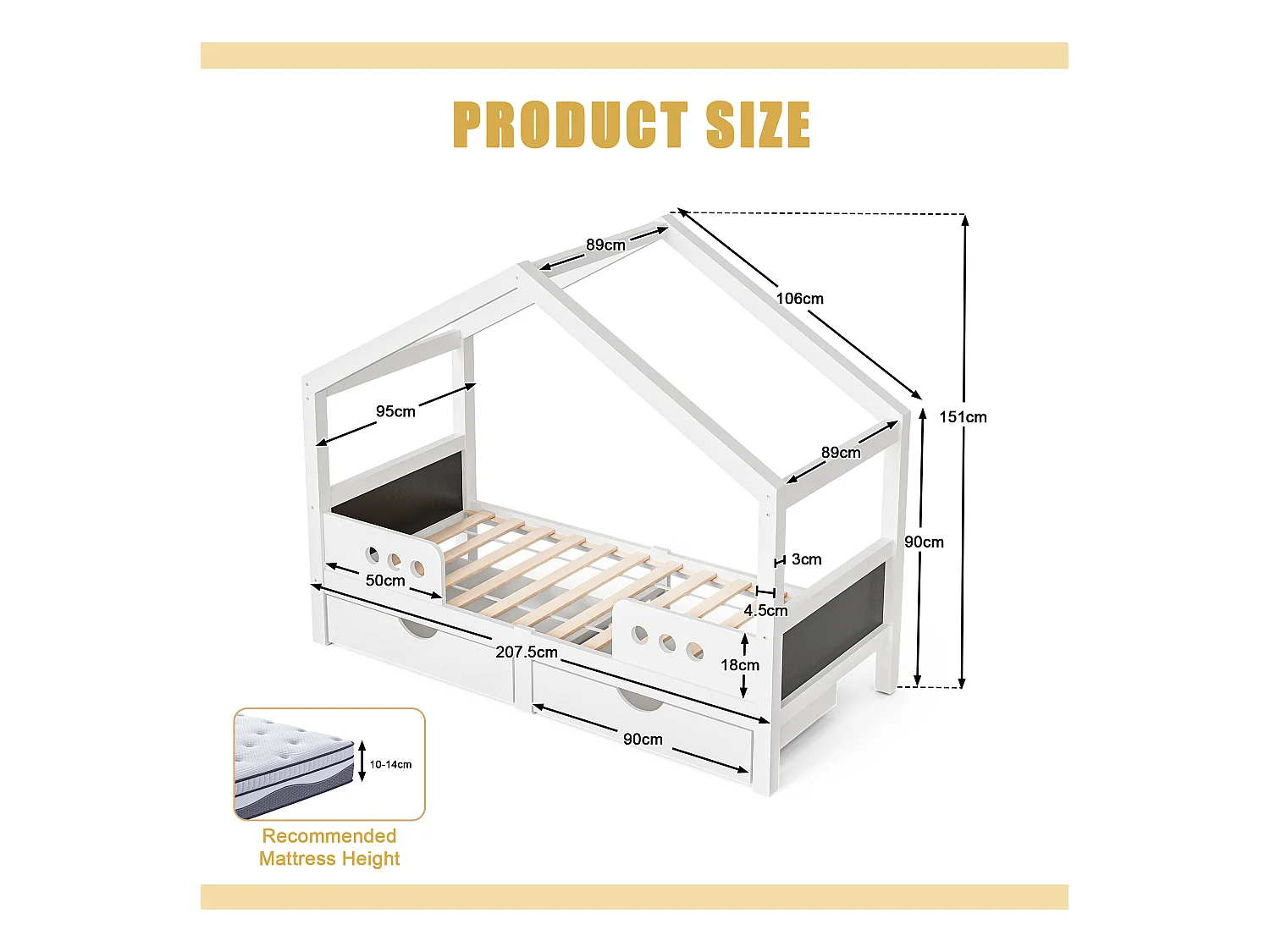 Lit cabane enfant 90x200 cm blanc - avec toit, 2 tiroirs de rangement - tableau de dessin