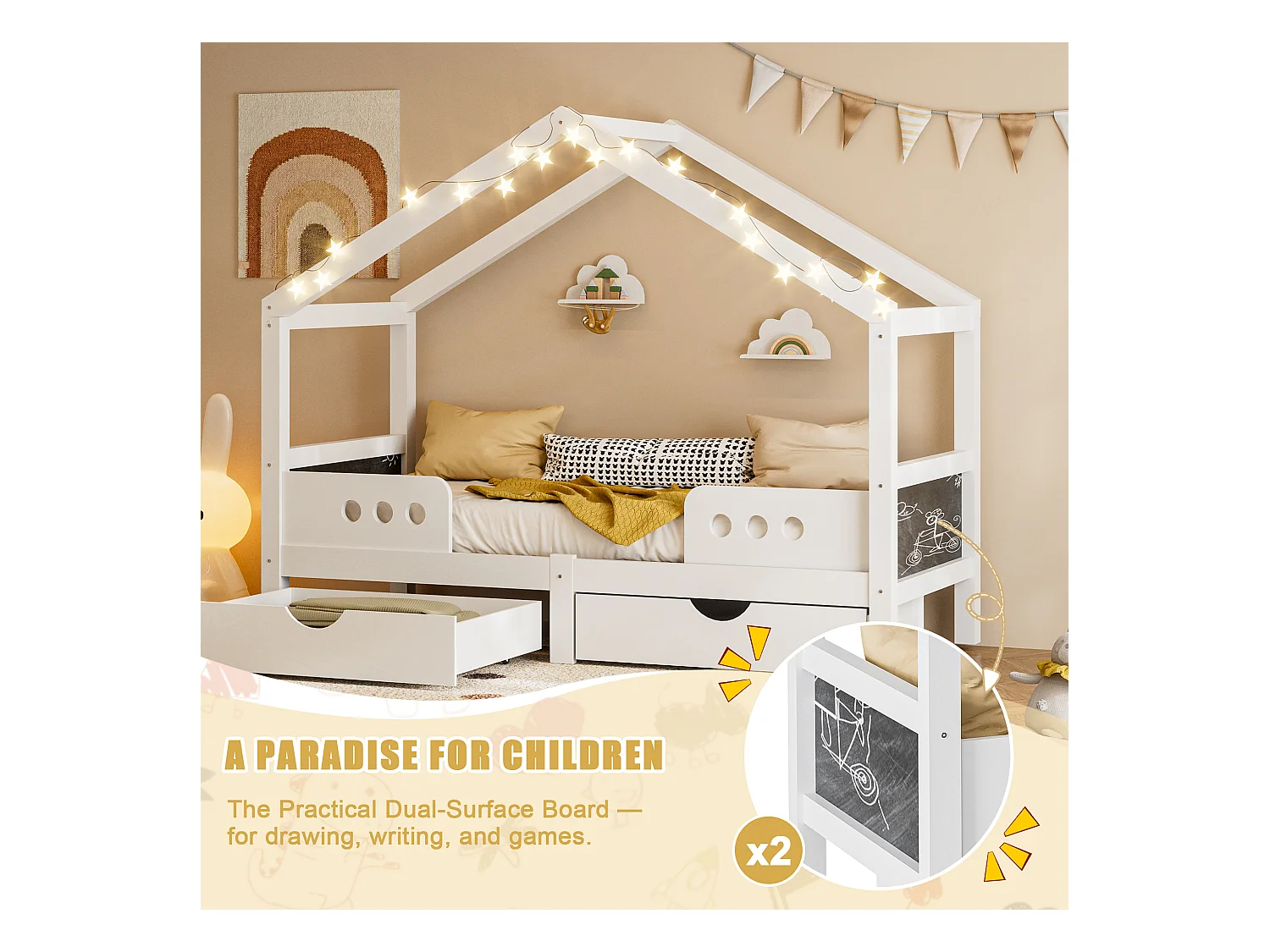 Lit cabane enfant 90x200 cm blanc - avec toit, 2 tiroirs de rangement - tableau de dessin