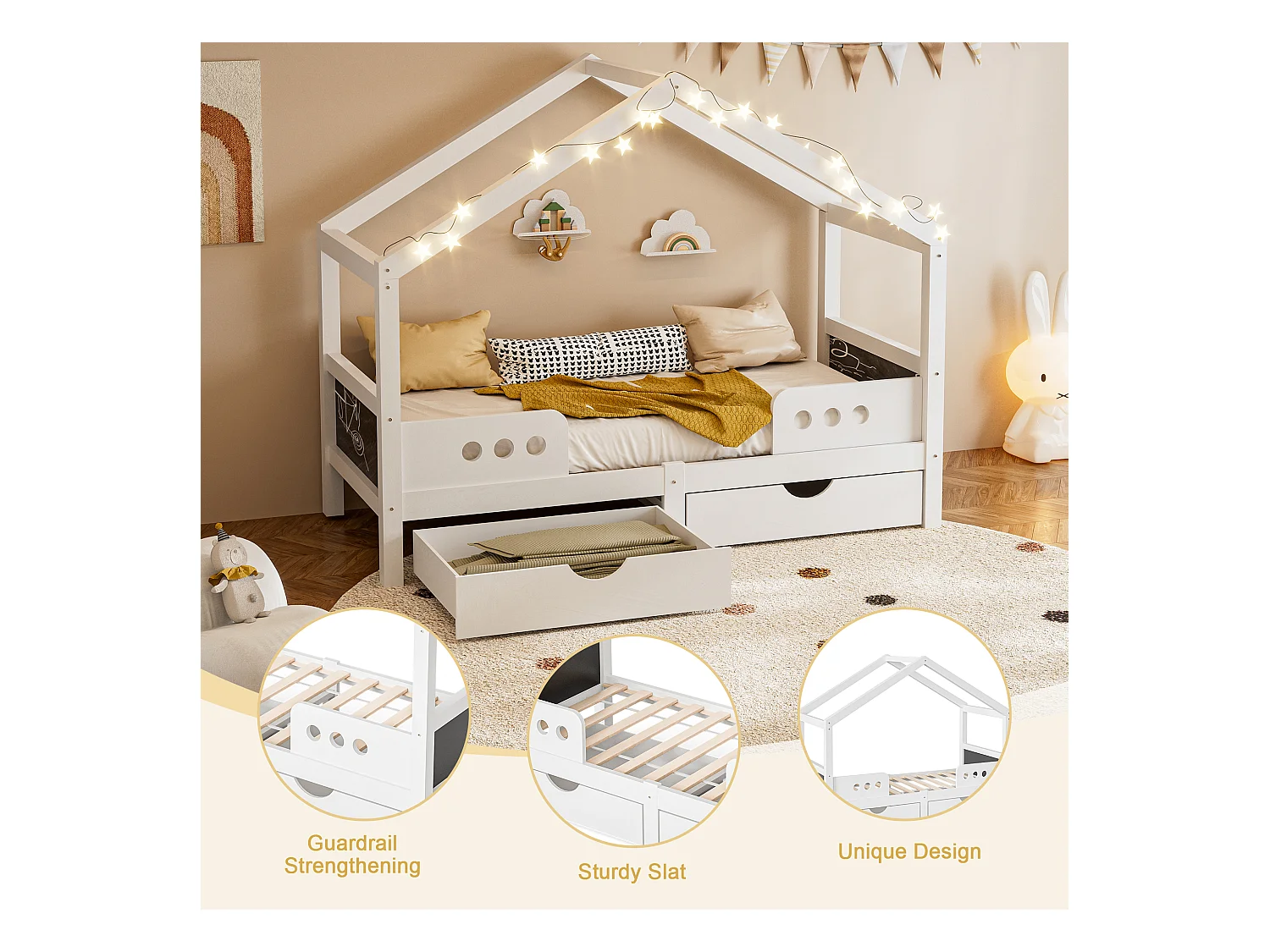 Lit cabane enfant 90x200 cm blanc - avec toit, 2 tiroirs de rangement - tableau de dessin