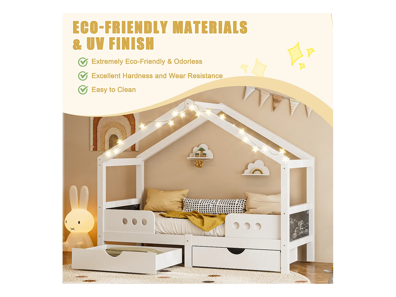 Lit cabane enfant 90x200 cm blanc - avec toit, 2 tiroirs de rangement - tableau de dessin