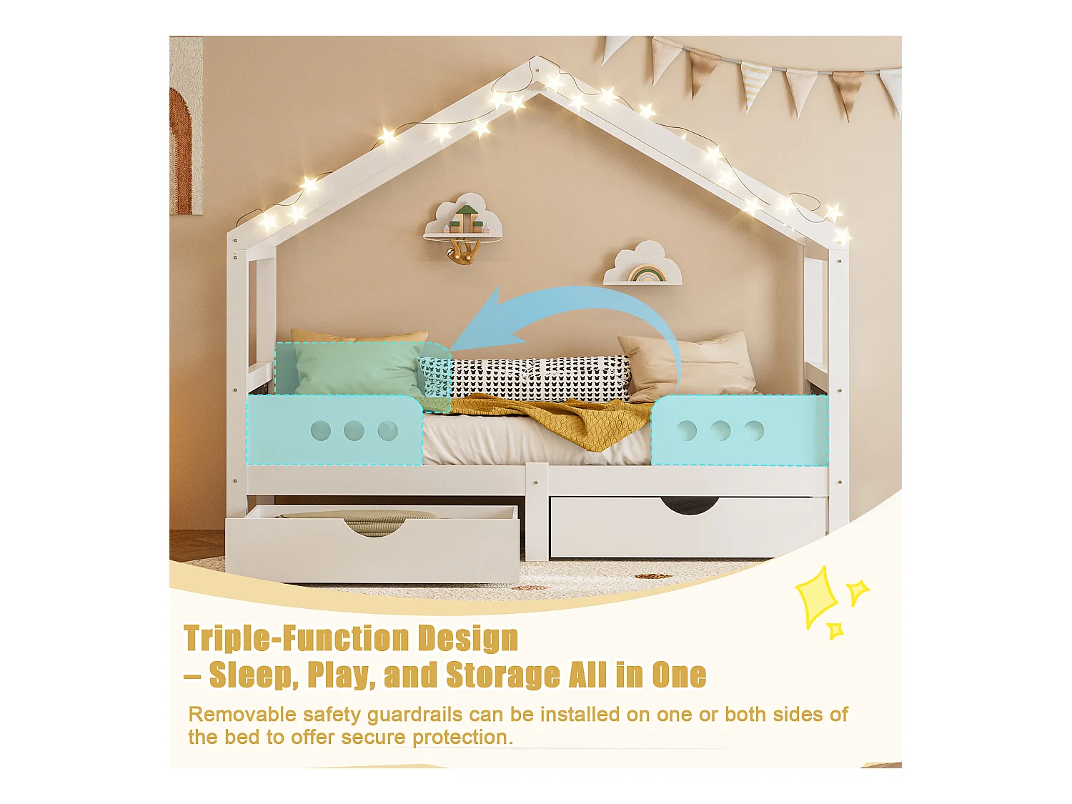 Lit cabane enfant 90x200 cm blanc - avec toit, 2 tiroirs de rangement - tableau de dessin