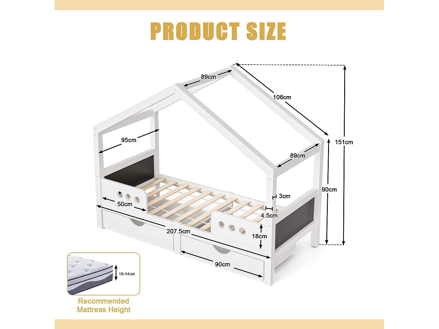 Lit cabane enfant 90x200 cm blanc - avec toit, 2 tiroirs de rangement - tableau de dessin