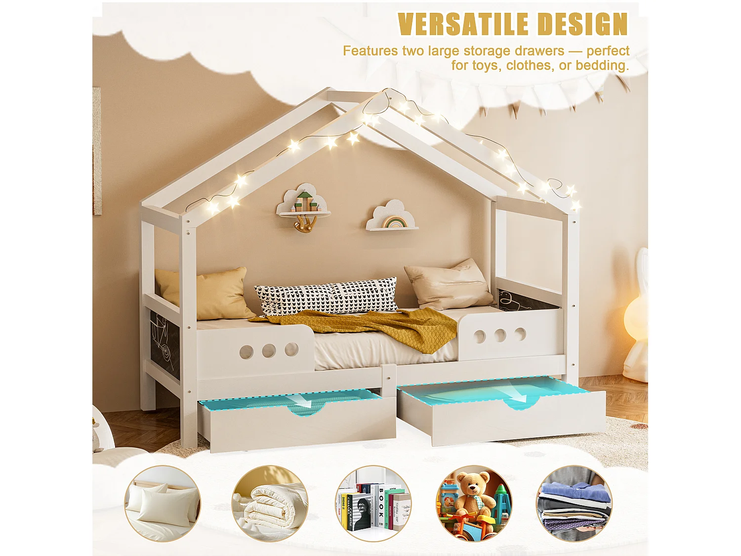 Lit cabane enfant 90x200 cm blanc - avec toit, 2 tiroirs de rangement - tableau de dessin