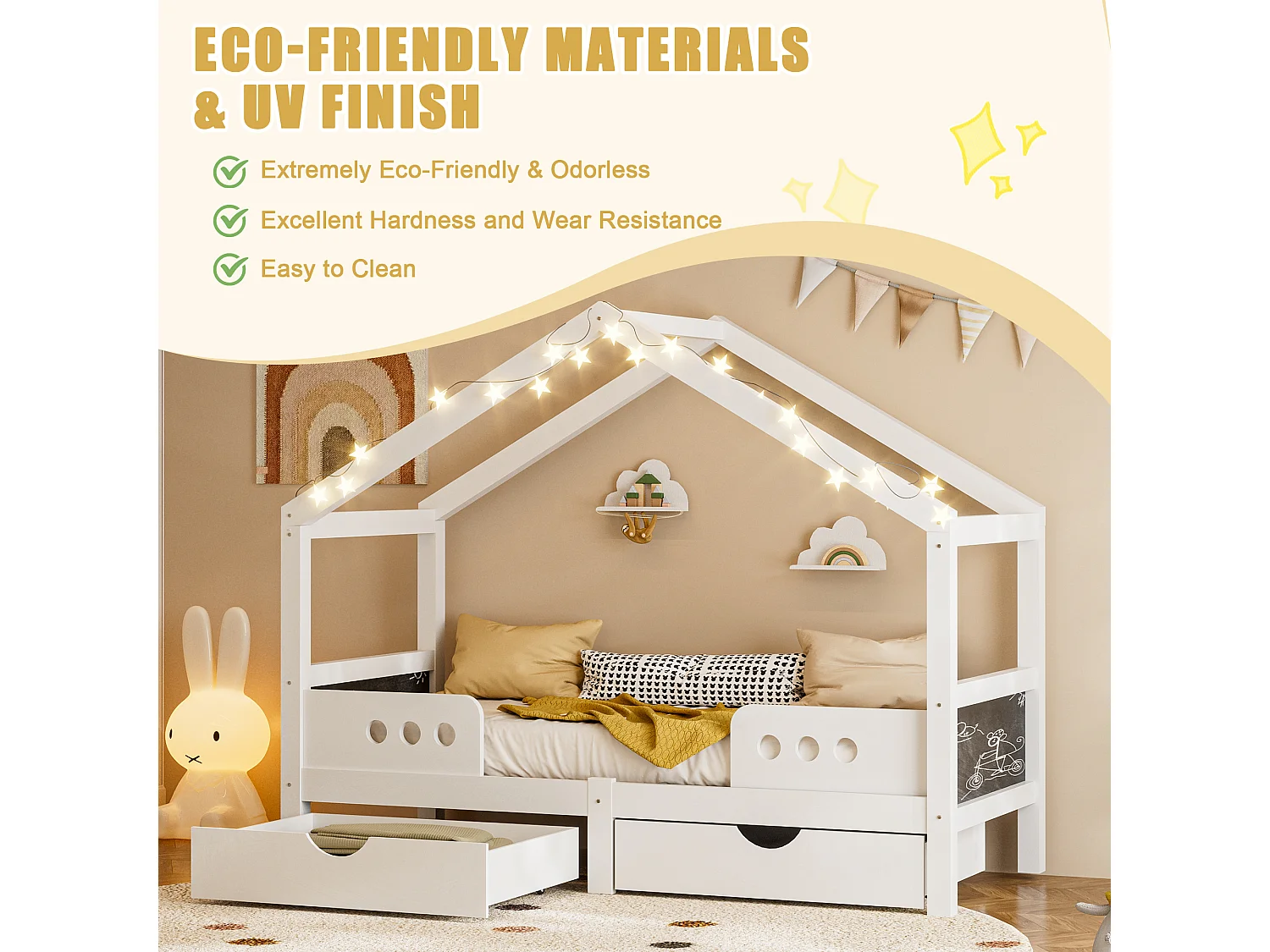 Lit cabane enfant 90x200 cm blanc - avec toit, 2 tiroirs de rangement - tableau de dessin