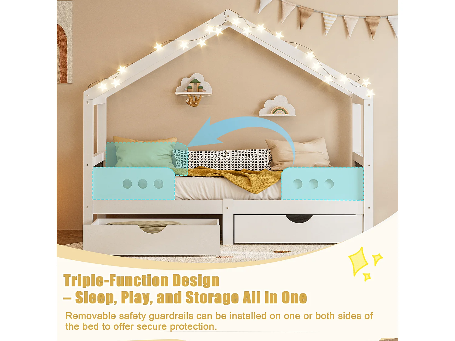 Lit cabane enfant 90x200 cm blanc - avec toit, 2 tiroirs de rangement - tableau de dessin