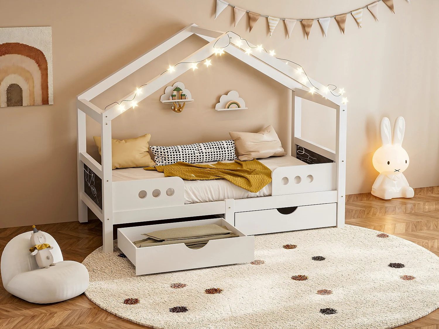 Lit cabane enfant 90x200 cm blanc - avec toit, 2 tiroirs de rangement - tableau de dessin