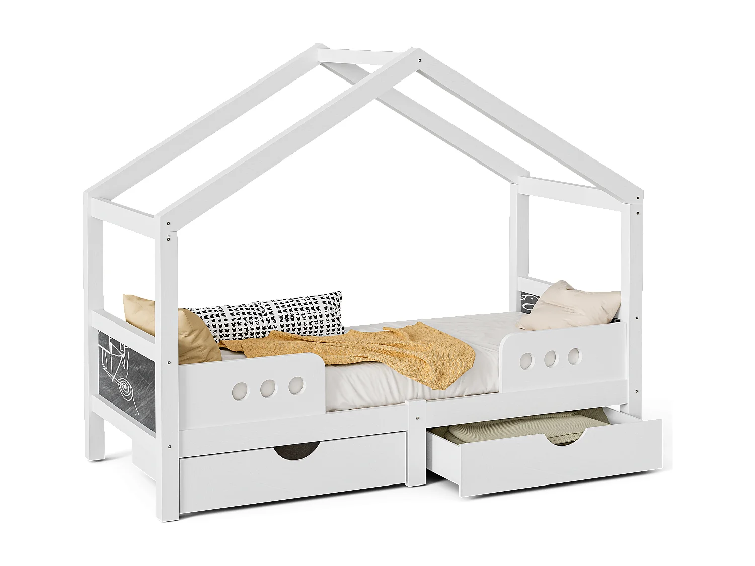 Lit cabane enfant 90x200 cm blanc - avec toit, 2 tiroirs de rangement - tableau de dessin