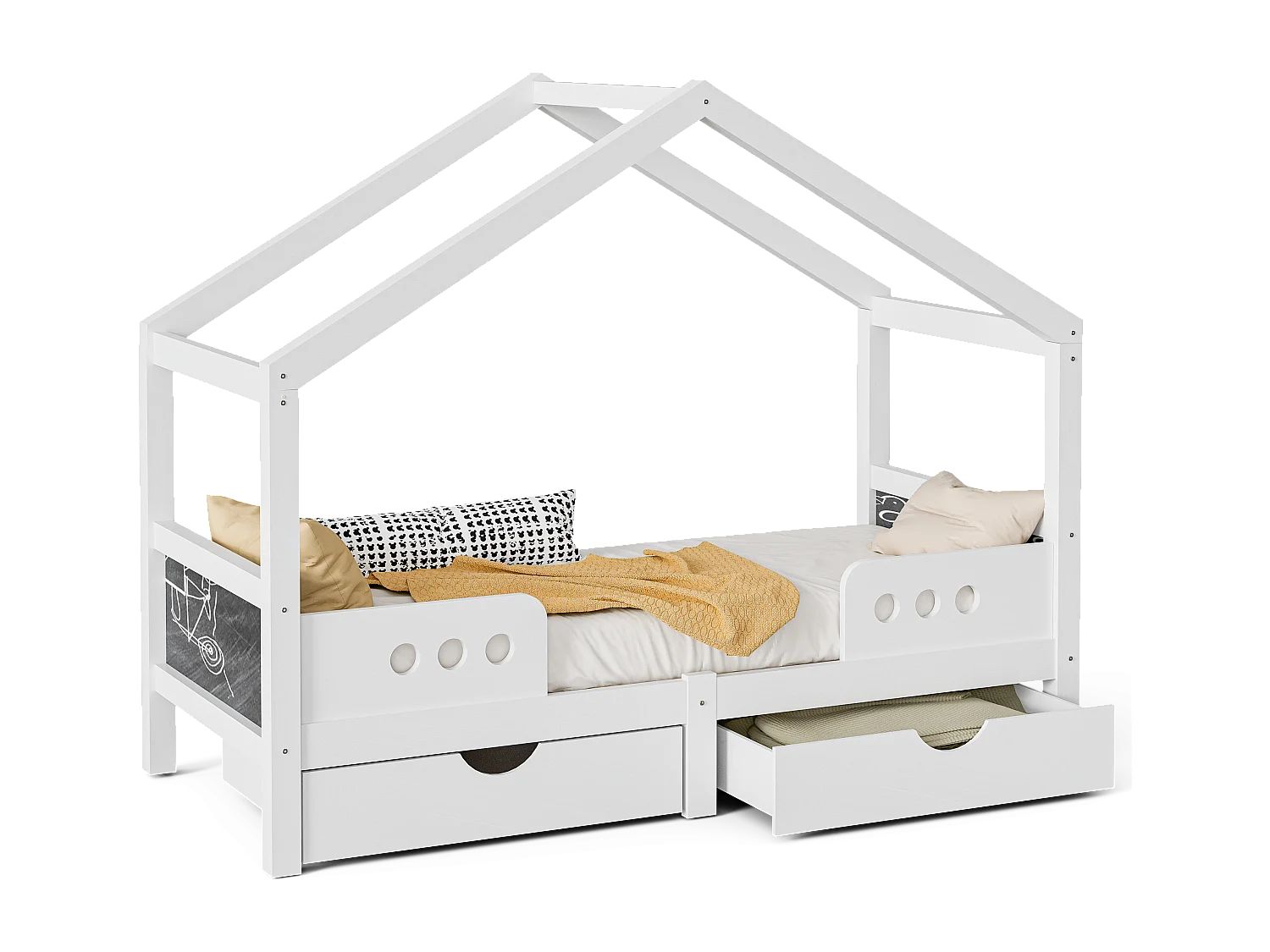 Lit cabane enfant 90x200 cm blanc - avec toit, 2 tiroirs de rangement - tableau de dessin