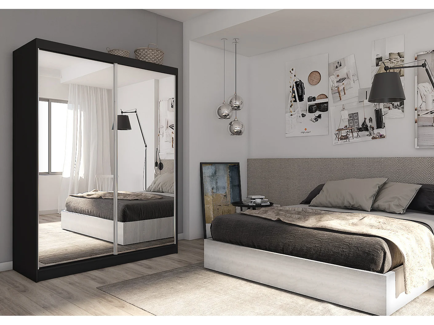 160 cm Kleiderschrank Darix mit Spiegel inklusive 2 Schiebetüren Schwebetürenschrank (Farbe: schwarz)