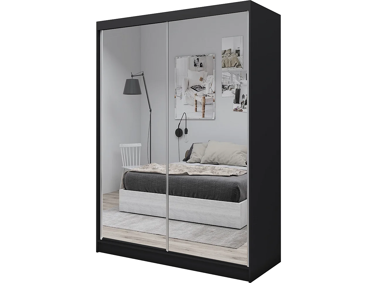 160 cm Kleiderschrank Darix mit Spiegel inklusive 2 Schiebetüren Schwebetürenschrank (Farbe: schwarz)