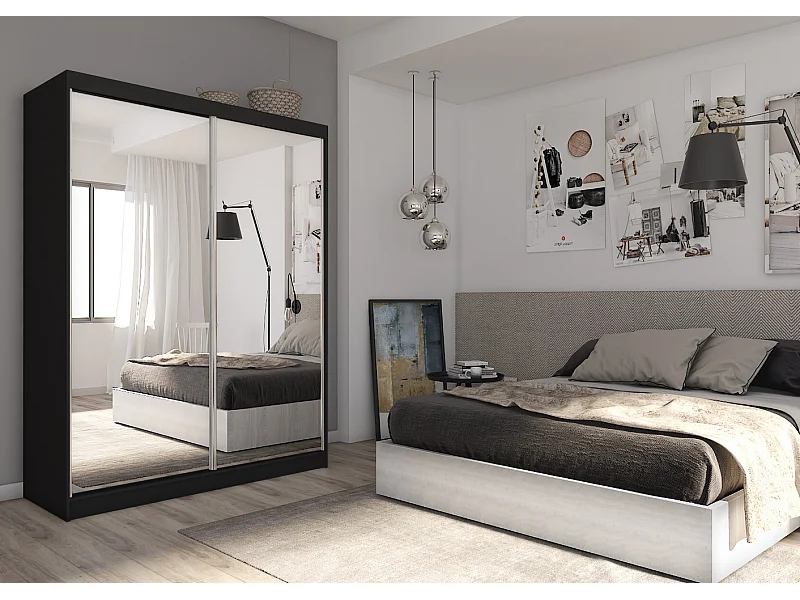 160 cm Kleiderschrank Darix mit Spiegel inklusive 2 Schiebetüren Schwebetürenschrank (Farbe: schwarz)