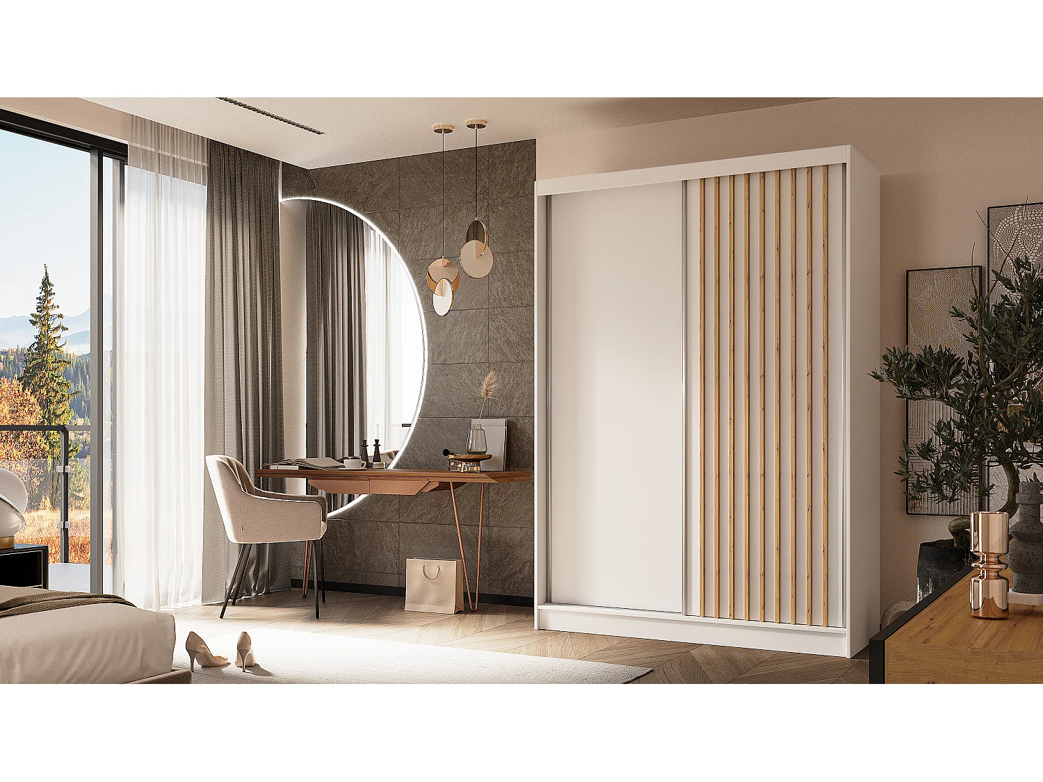 150 cm Kleiderschrank Erika mit Lamellen ohne Spiegel inklusive 2 Schiebetüren Schwebetürenschrank (Farbe: weiß, weiß, Lamelle Artisan)