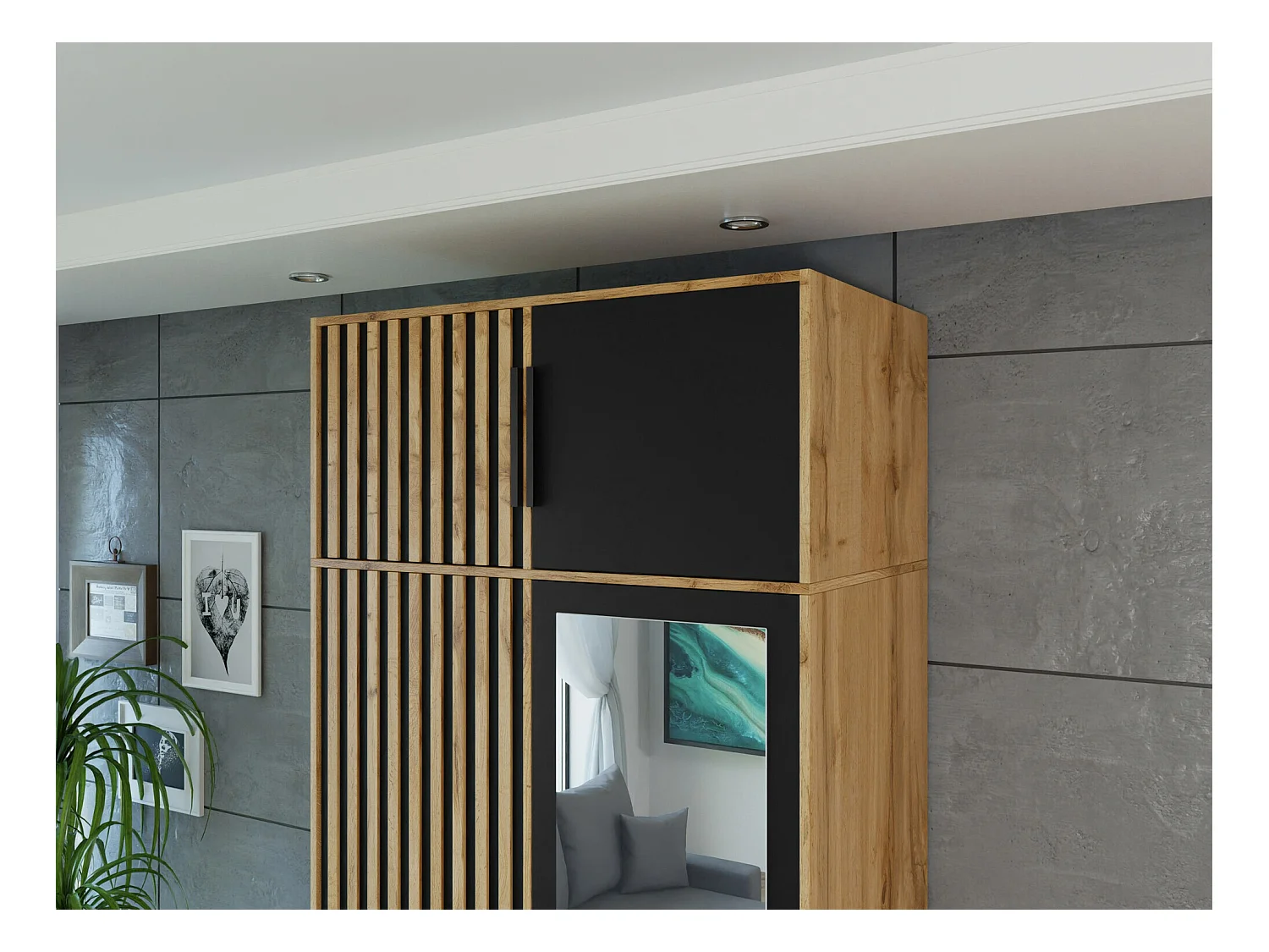 Aparador Enolevo 103, Negro|Roble wotan, 45x100x58cm, Aglomerado laminado