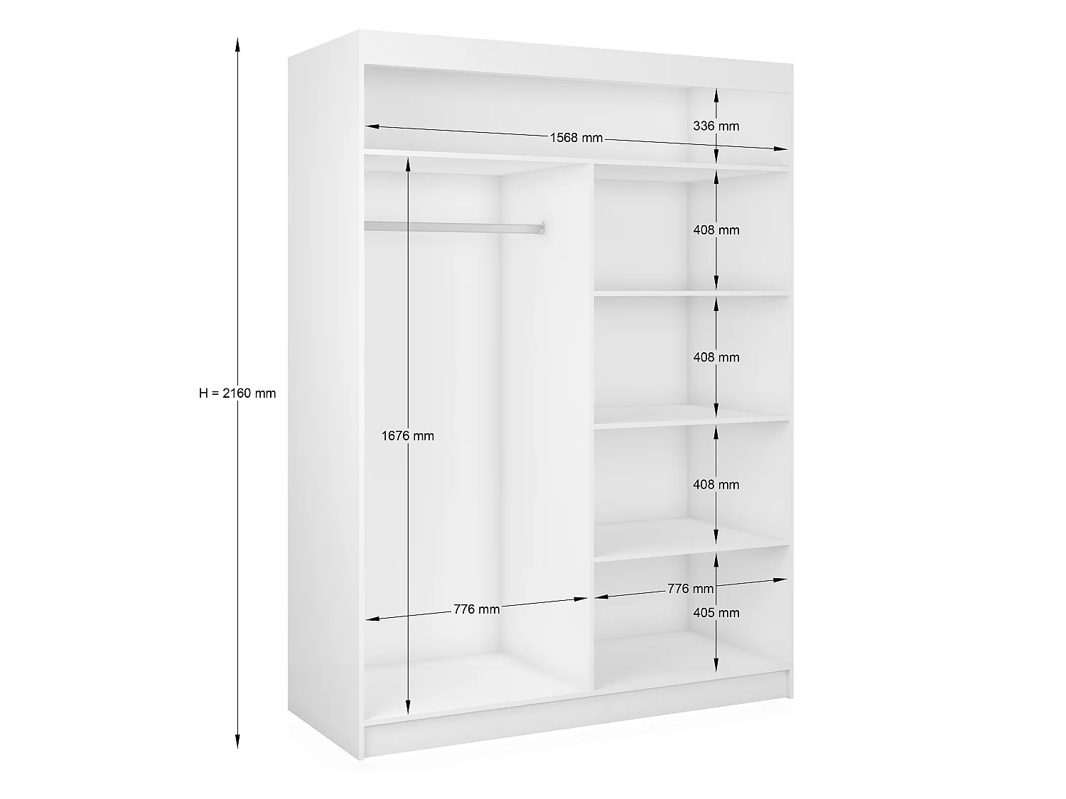160 cm Kleiderschrank Darix mit Spiegel inklusive 2 Schiebetüren Schwebetürenschrank (Farbe: weiß)