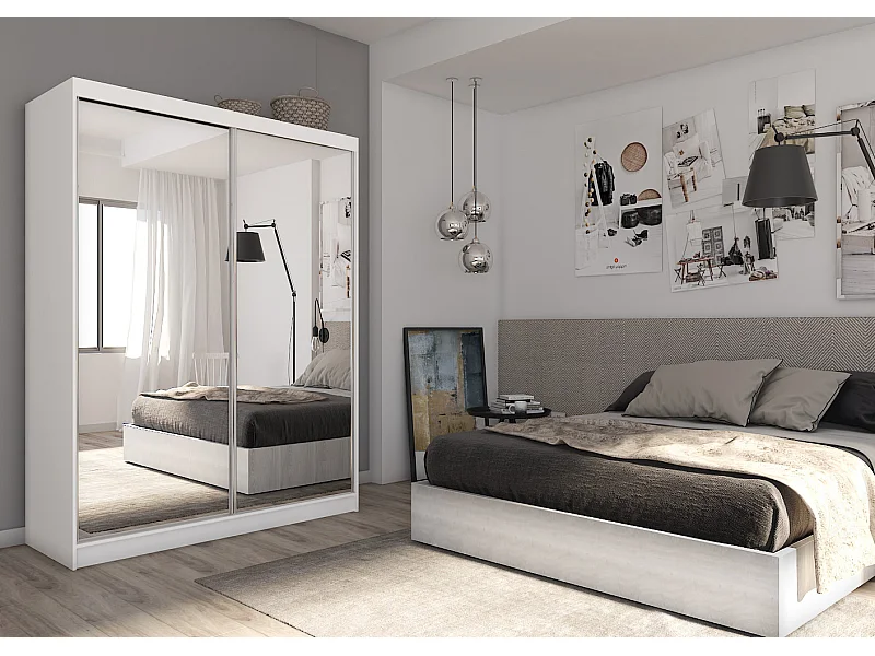 160 cm Kleiderschrank Darix mit Spiegel inklusive 2 Schiebetüren Schwebetürenschrank (Farbe: weiß)