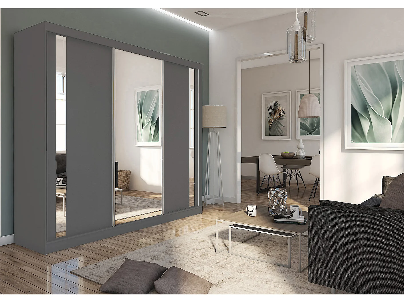 240 cm Kleiderschrank Gabo mit Spiegel inklusive 3 Schiebetüren Schwebetürenschrank (Farbe: graphit)