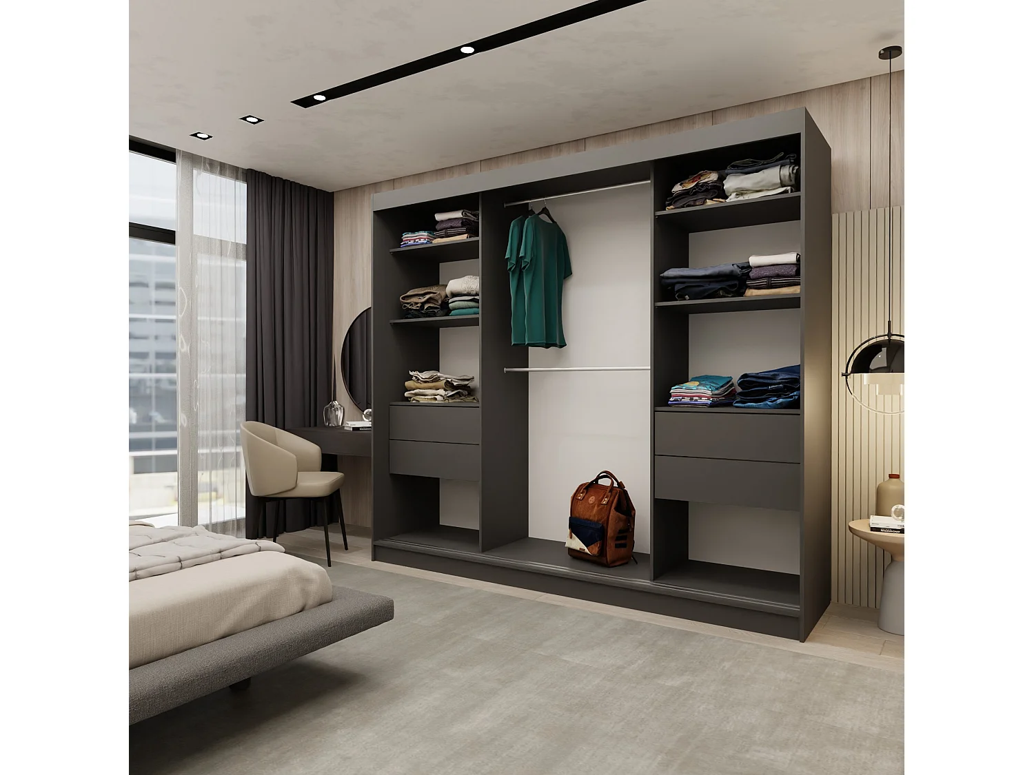240 cm Kleiderschrank Gabo mit Spiegel inklusive 3 Schiebetüren Schwebetürenschrank (Farbe: graphit)