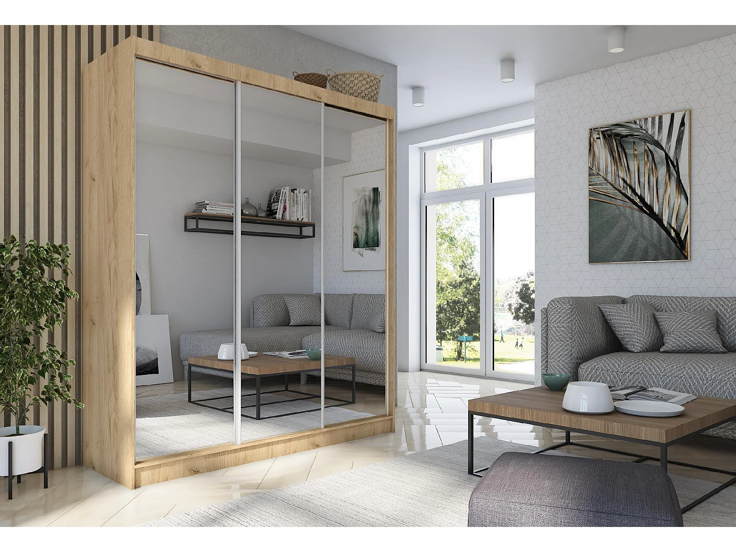 180 cm Kleiderschrank Darix mit Spiegel inklusive 3 Schiebetüren Schwebetürenschrank (Farbe: artisan)