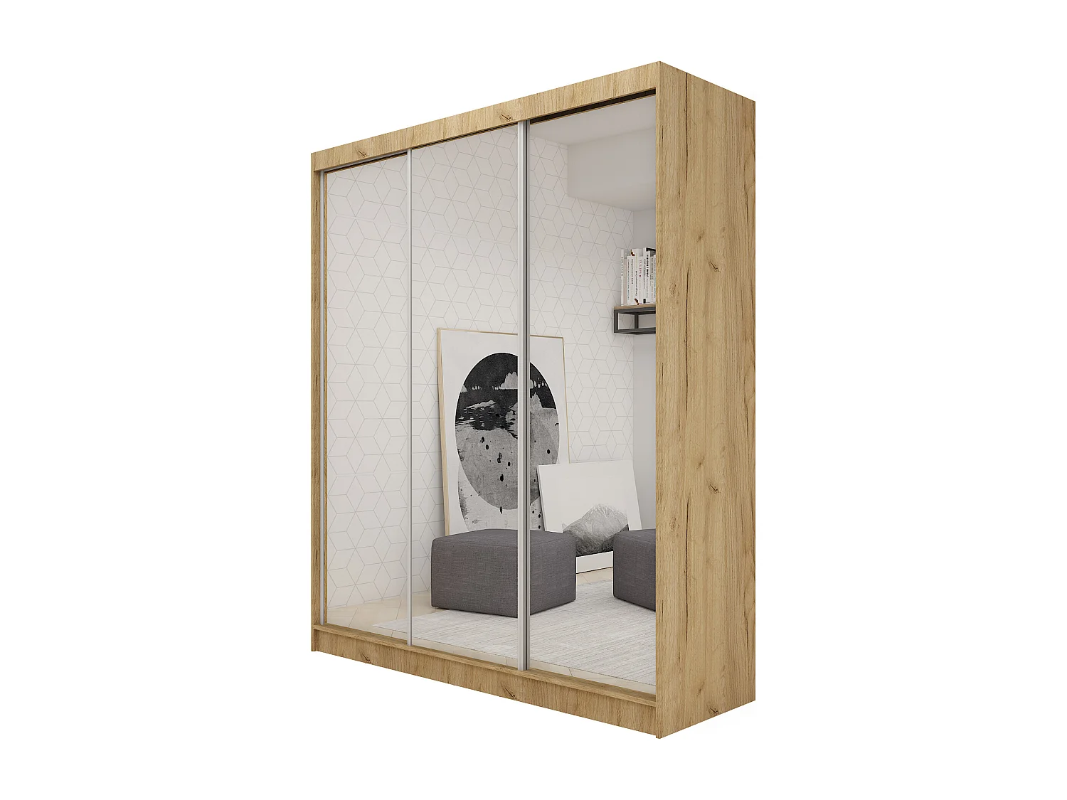 180 cm Kleiderschrank Darix mit Spiegel inklusive 3 Schiebetüren Schwebetürenschrank (Farbe: artisan)