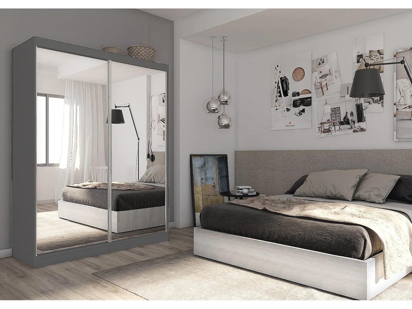 160 cm Kleiderschrank Darix mit Spiegel inklusive 2 Schiebetüren Schwebetürenschrank (Farbe: graphit)