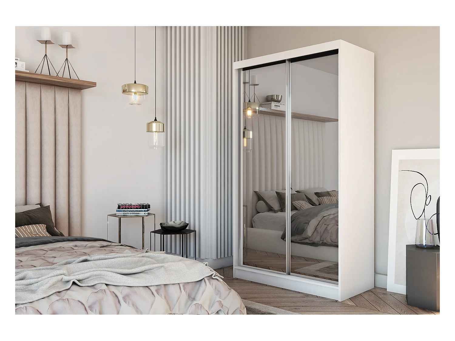 150 cm Kleiderschrank Darix mit Spiegel inklusive 2 Schiebetüren Schwebetürenschrank (Farbe: weiß)