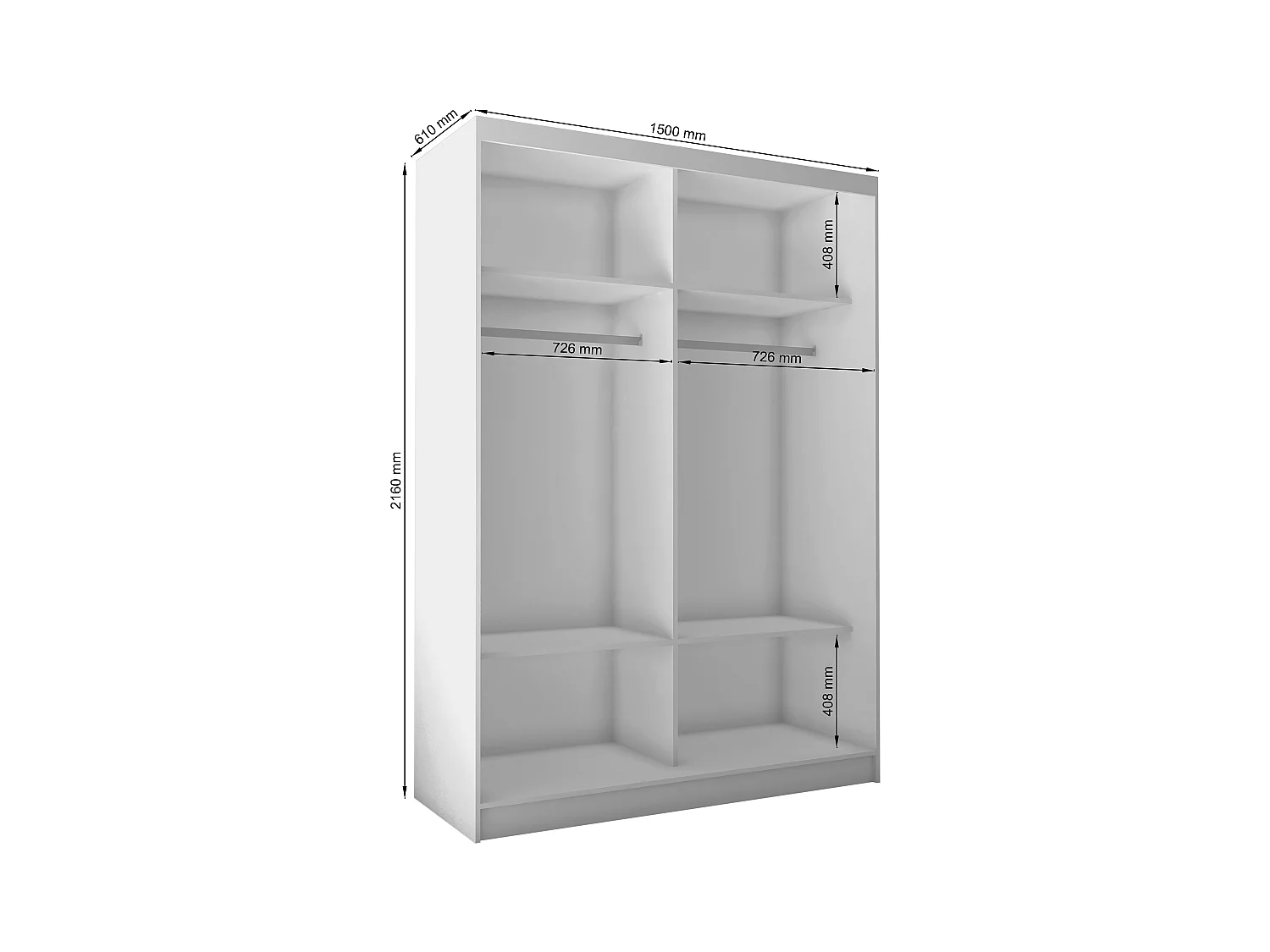 150 cm Kleiderschrank Darix mit Spiegel inklusive 2 Schiebetüren Schwebetürenschrank (Farbe: weiß)