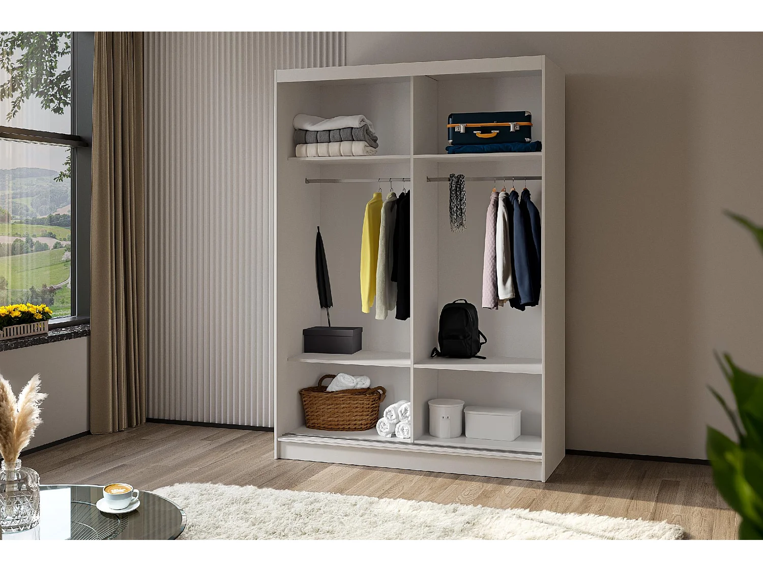 150 cm Kleiderschrank Darix mit Spiegel inklusive 2 Schiebetüren Schwebetürenschrank (Farbe: weiß)