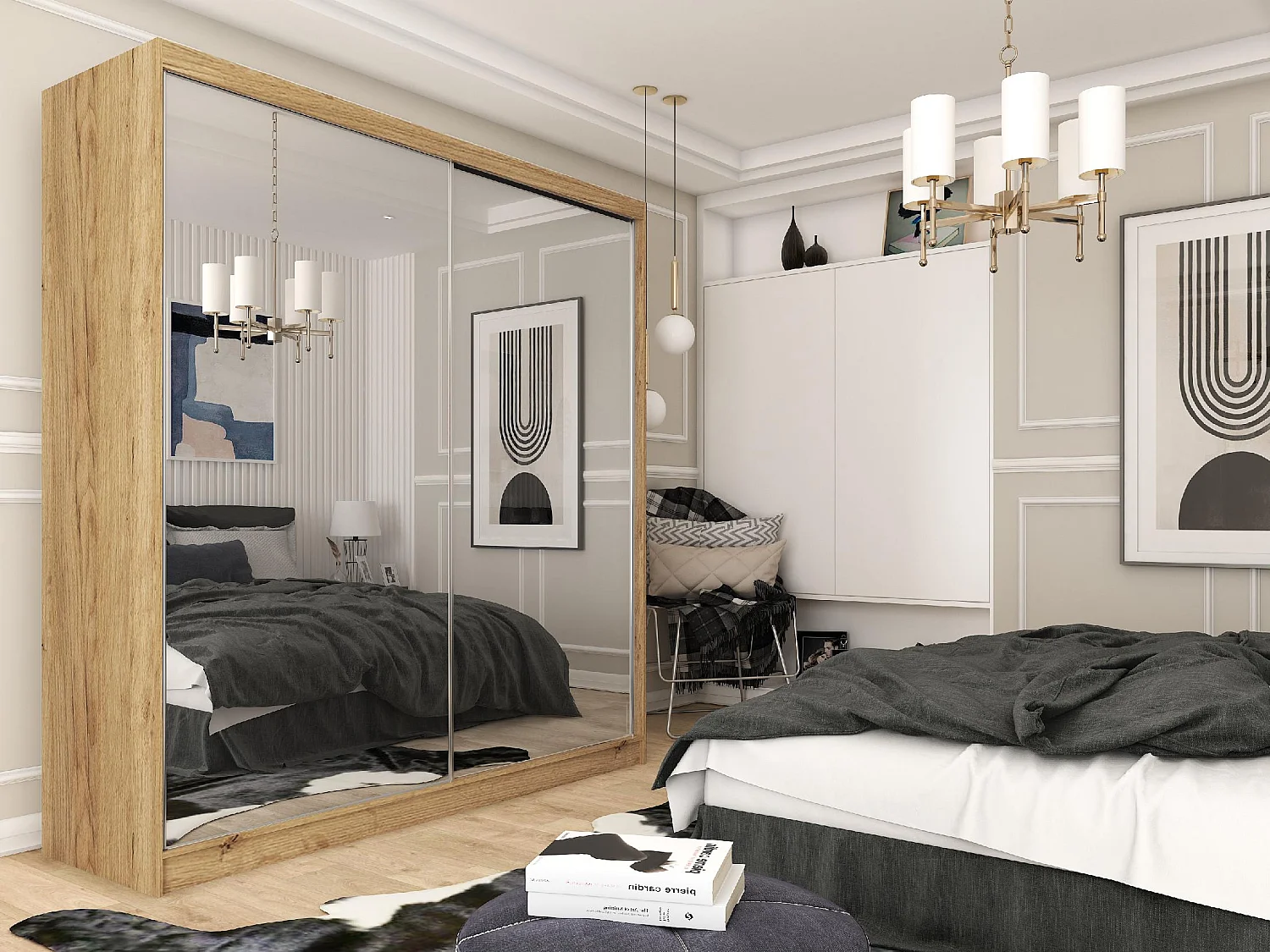 200 cm Kleiderschrank Darix mit Spiegel inklusive 2 Schiebetüren Schwebetürenschrank (Farbe: artisan)