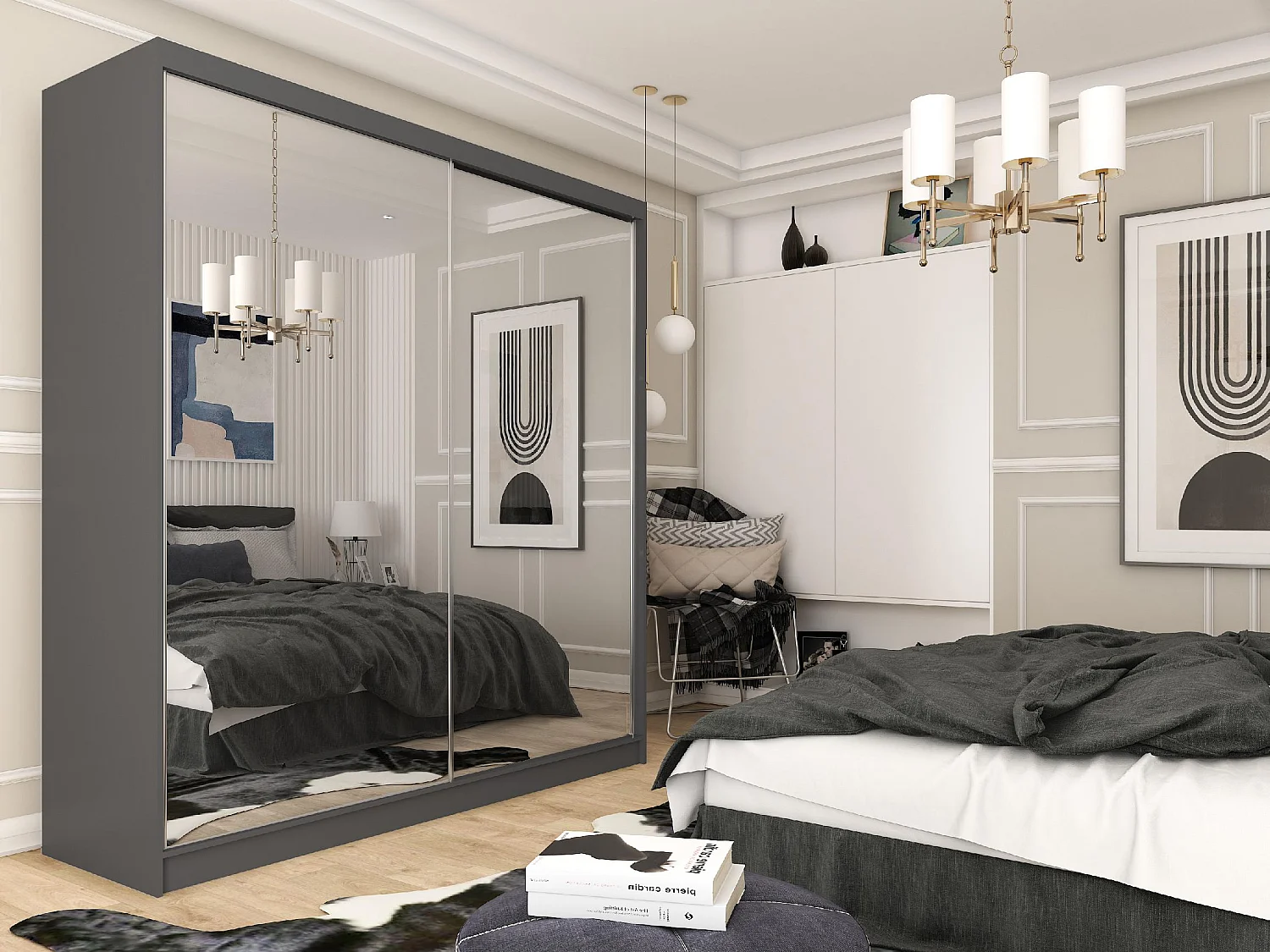 200 cm Kleiderschrank Darix mit Spiegel inklusive 2 Schiebetüren Schwebetürenschrank (Farbe: graphit)