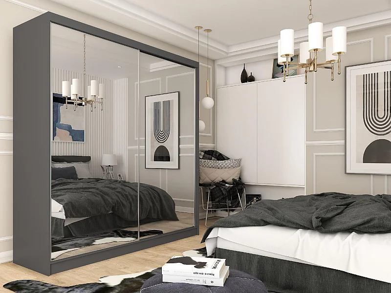 200 cm Kleiderschrank Darix mit Spiegel inklusive 2 Schiebetüren Schwebetürenschrank (Farbe: graphit)