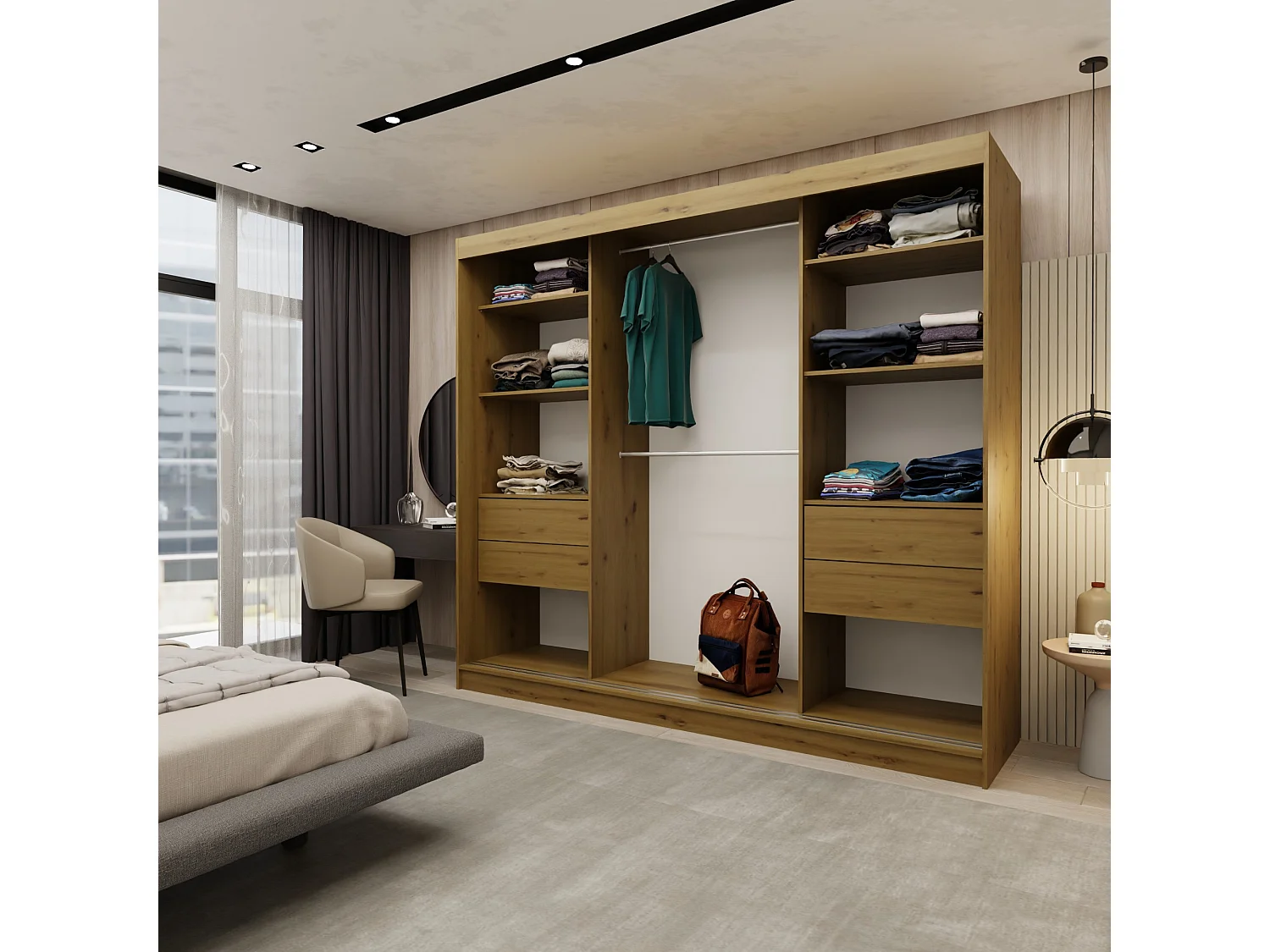 200 cm Kleiderschrank Gabo mit Spiegel inklusive 2 Schiebetüren Schwebetürenschrank (Farbe: artisan)